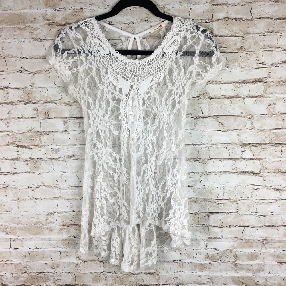 Lovely 153 sheer lace ivory white top sz S